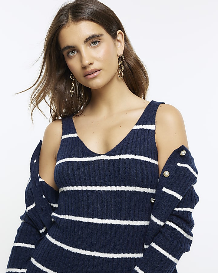 Navy knit stripe bodycon midi dress set