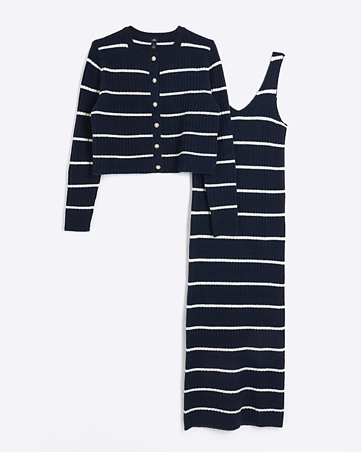 Navy knit stripe bodycon midi dress set