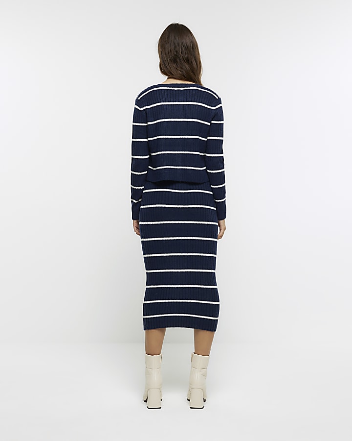 Navy knit stripe bodycon midi dress set