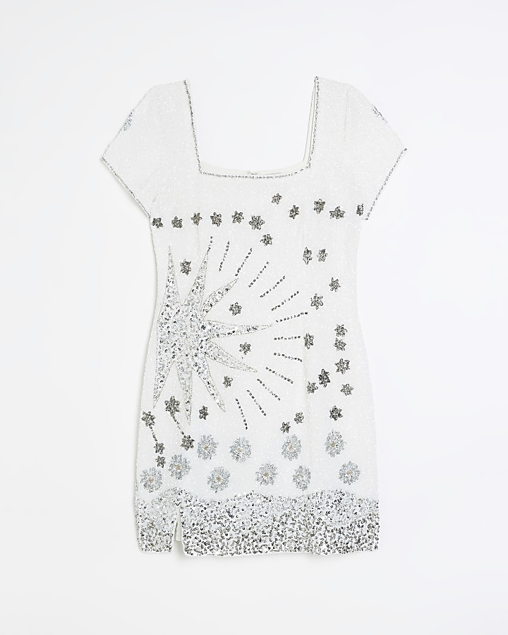 White silk sequin detail bodycon mini dress