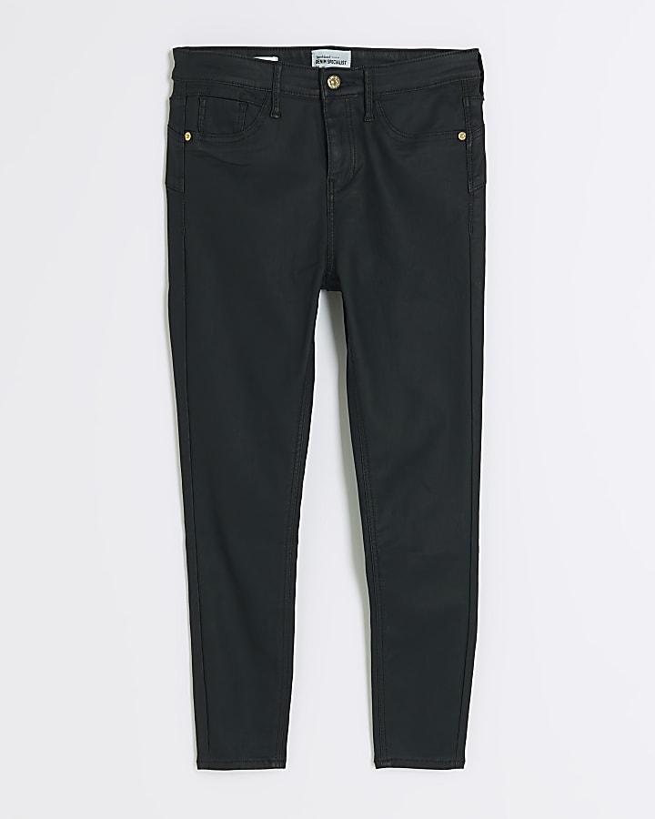 Petite black skinny fit coated jeans