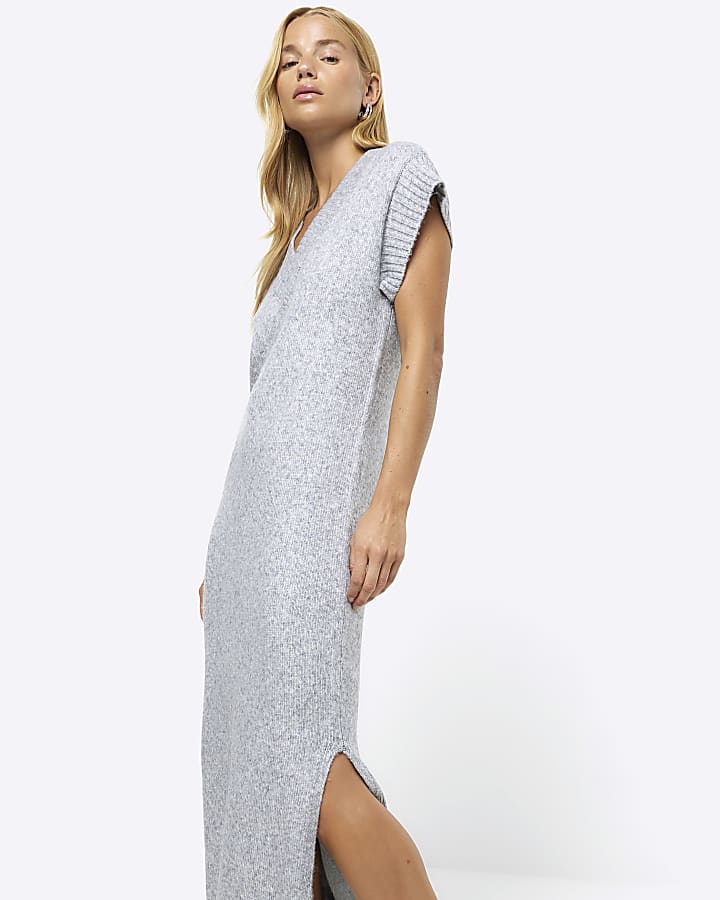 Grey split hem jumper midi dress