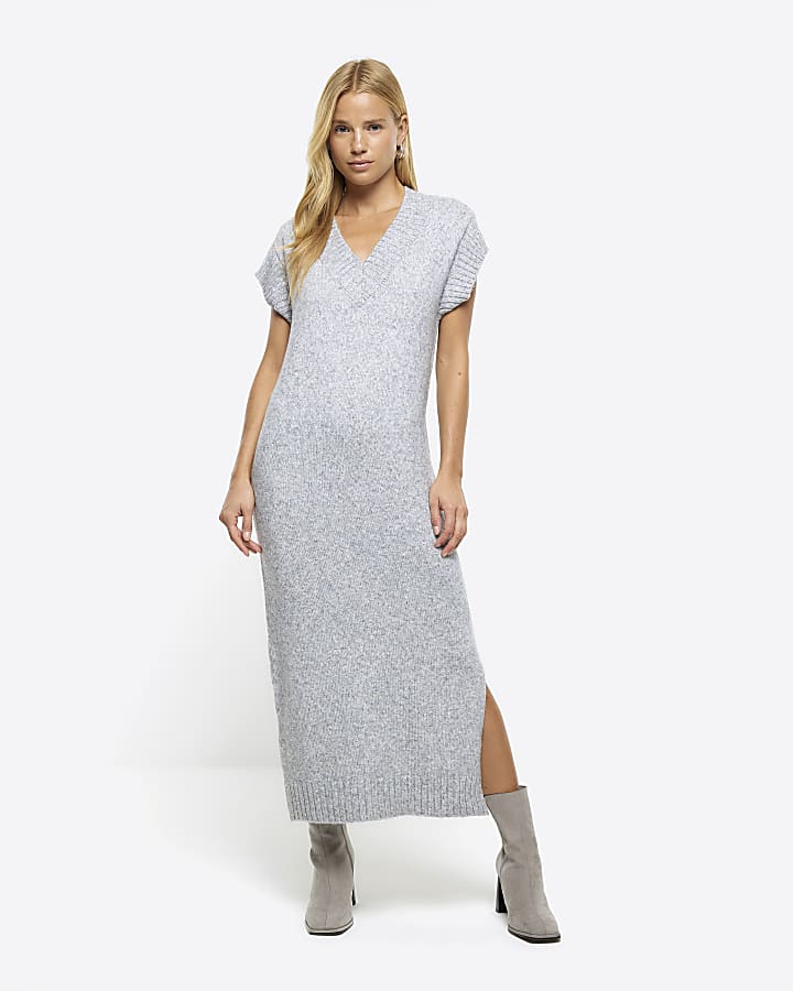 Grey split hem jumper midi dress