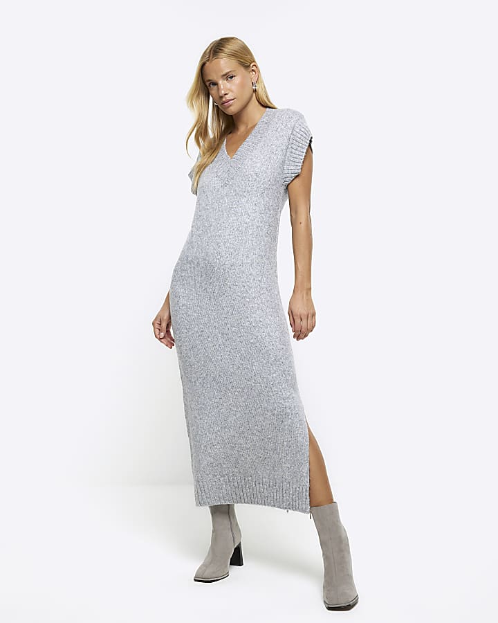 Grey split hem jumper midi dress