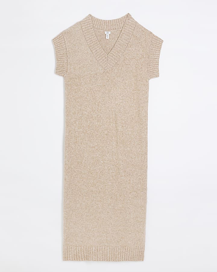 Beige split hem jumper midi dress