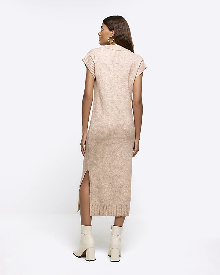 Beige split hem jumper midi dress