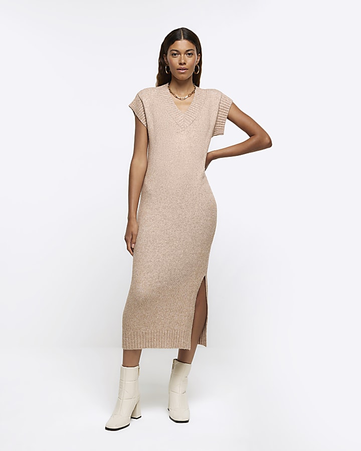 Beige split hem jumper midi dress