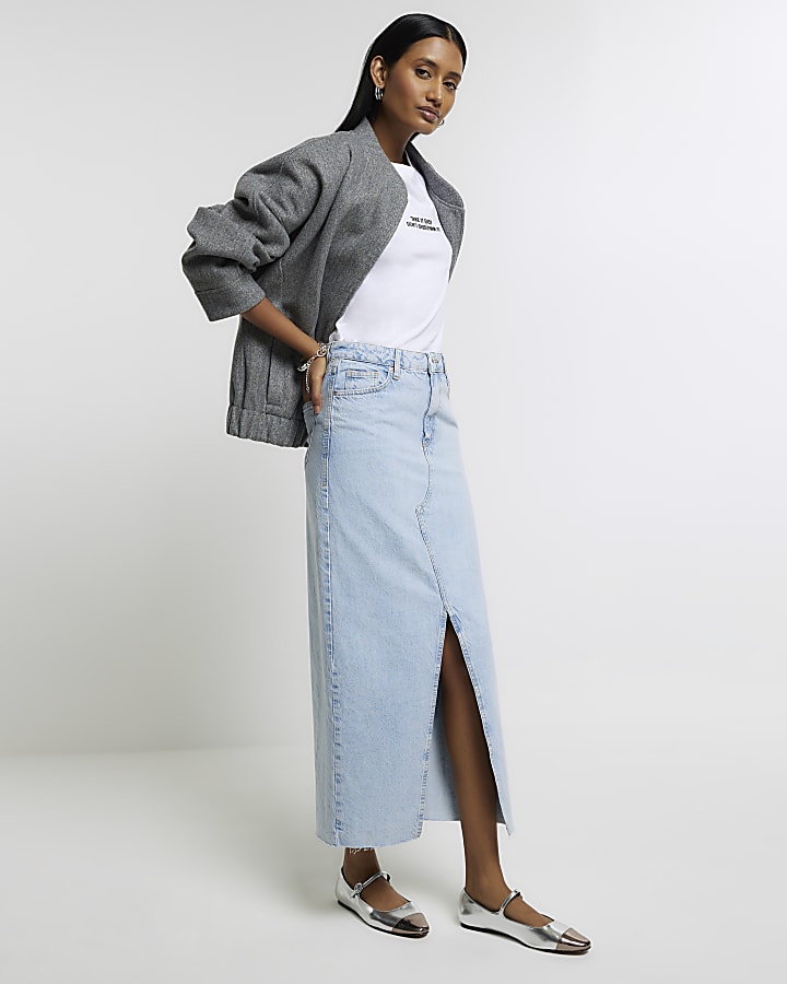 Blue denim high waisted maxi skirt