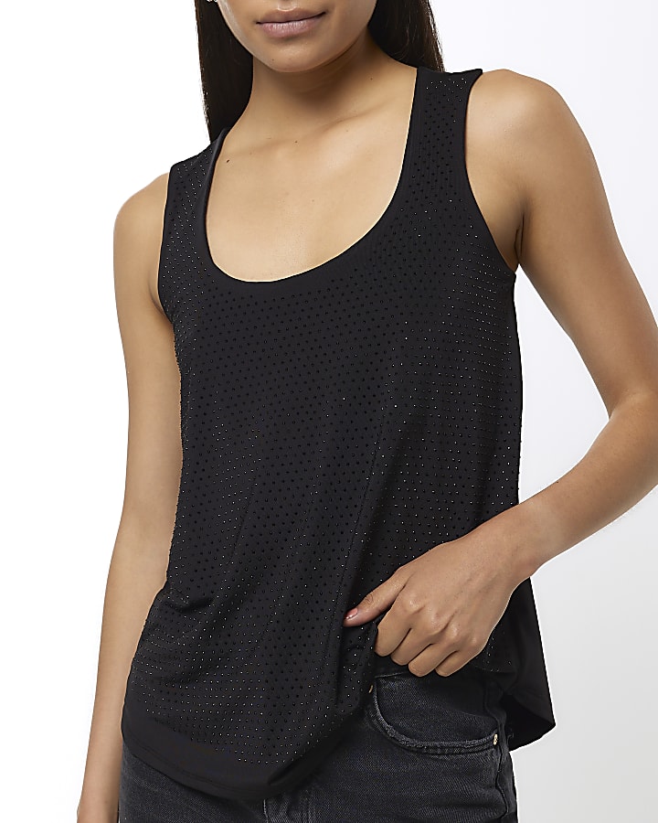 Black embellished scoop tank top