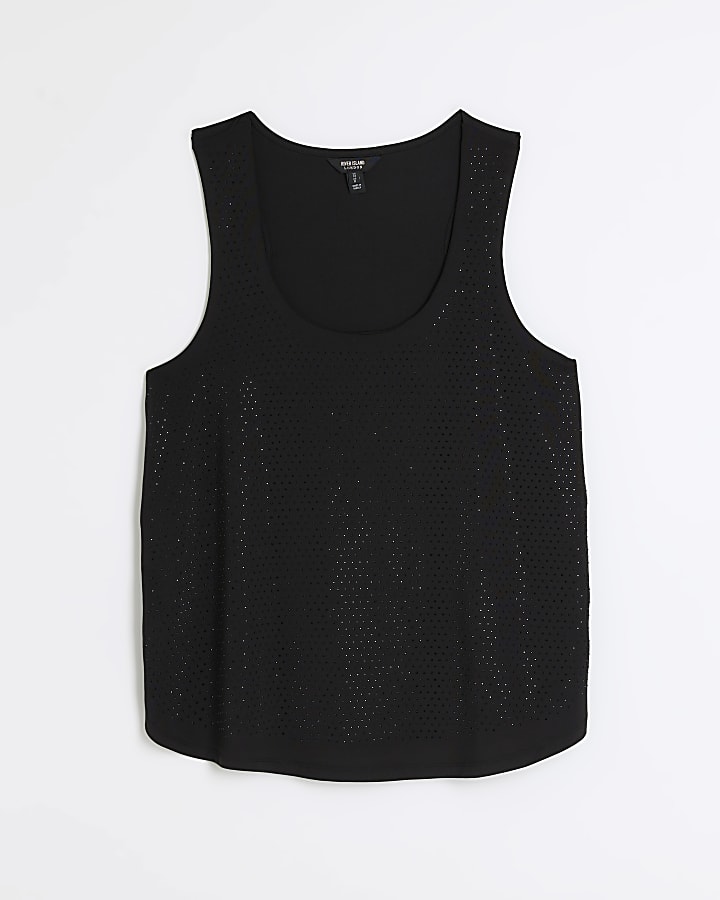 Black embellished scoop tank top