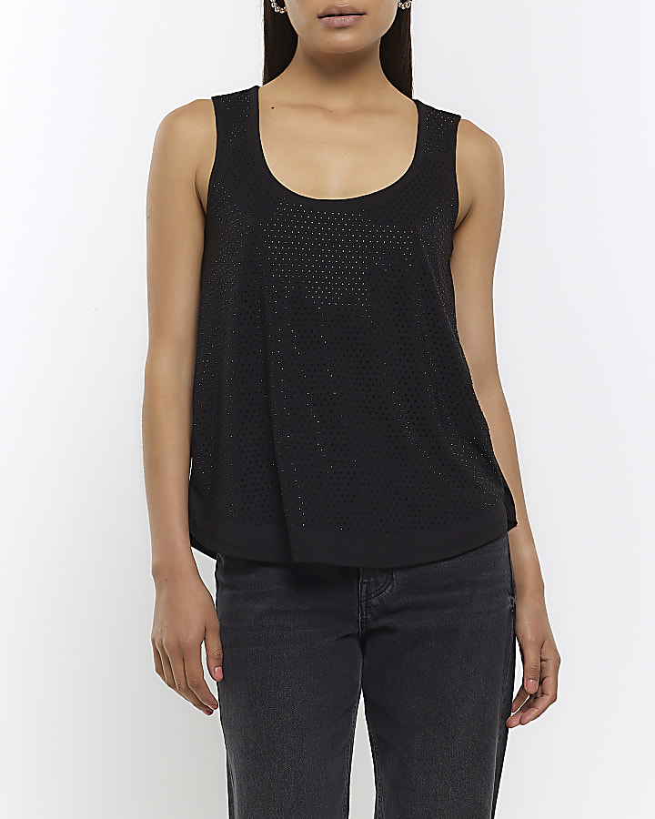 Black embellished scoop tank top