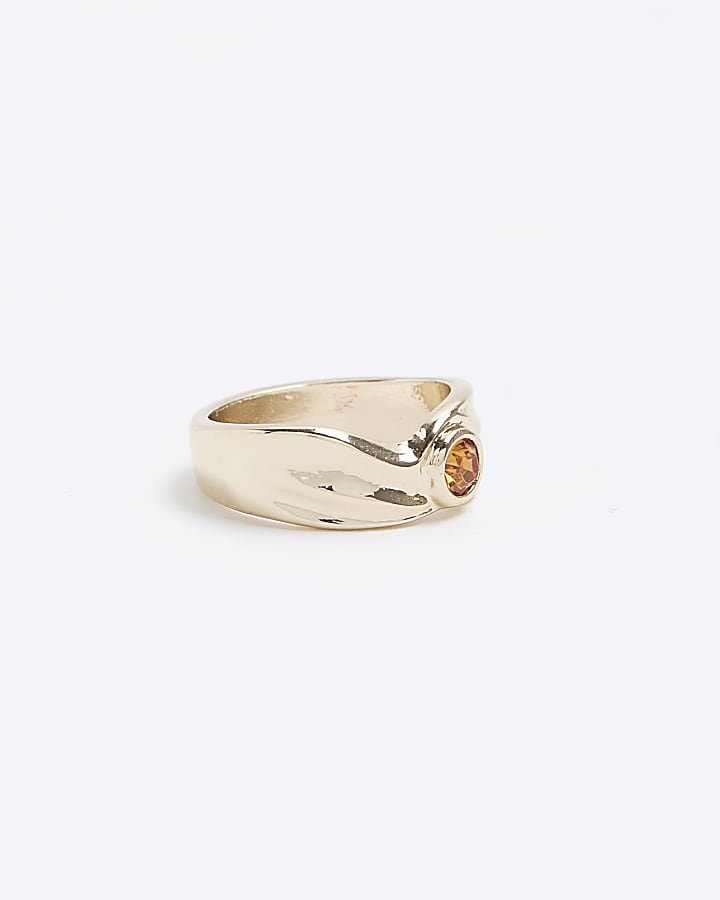 Gold amber stone band ring