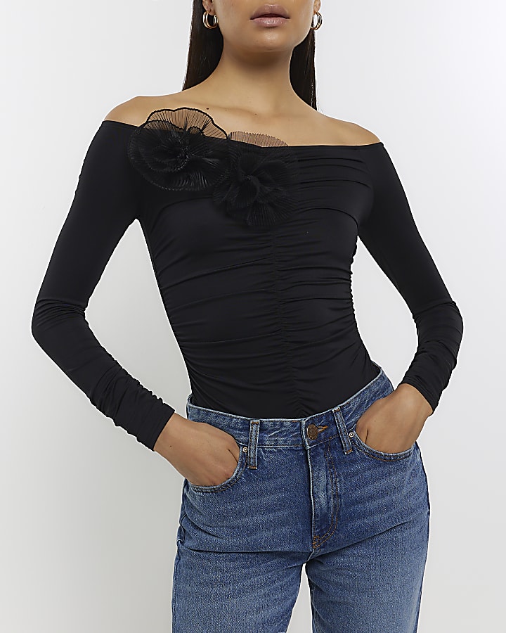 Black ruched corsage detail bodysuit