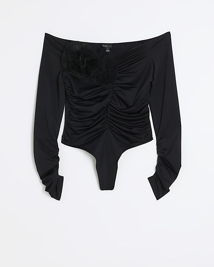 Black ruched corsage detail bodysuit