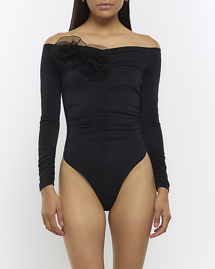 Black ruched corsage detail bodysuit