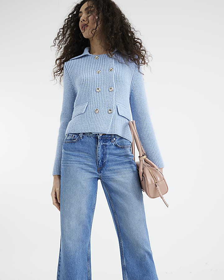 Blue high waisted relaxed straight leg jeans