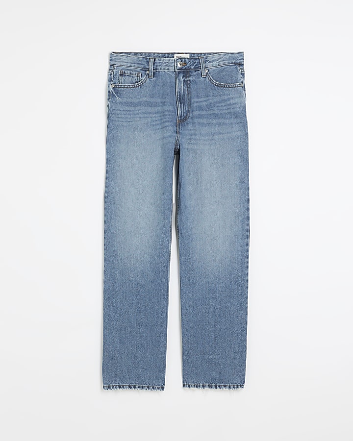 Blue high waisted relaxed straight leg jeans