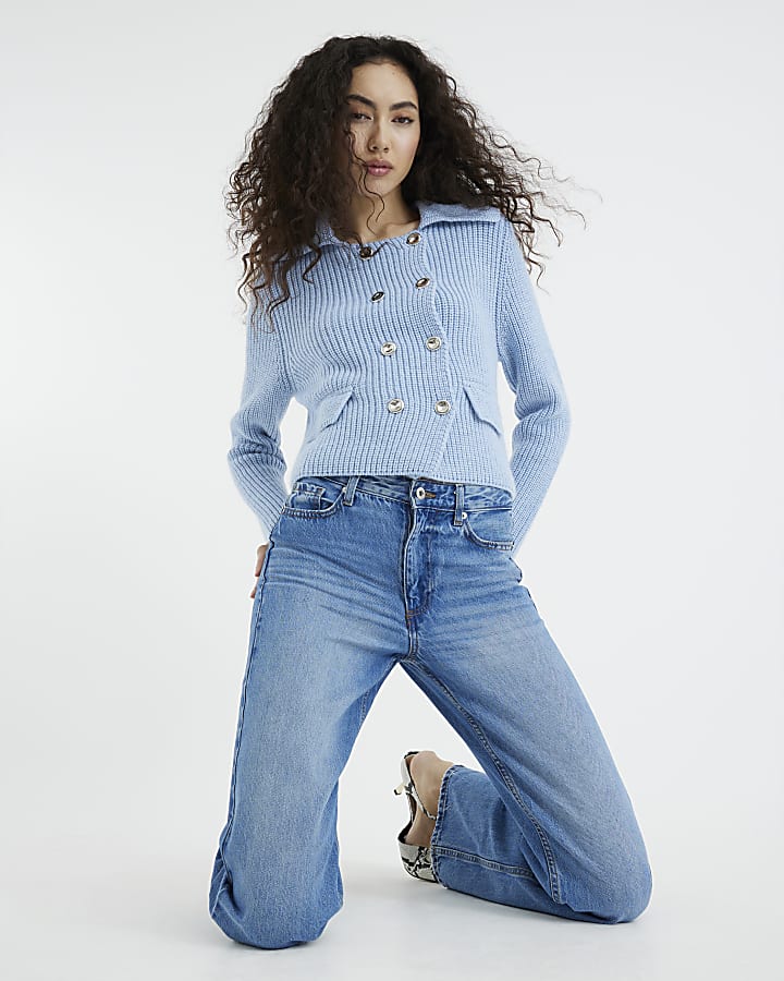 Blue high waisted relaxed straight leg jeans