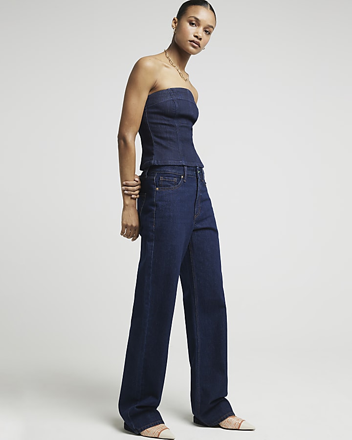 Blue high waisted relaxed straight leg jeans