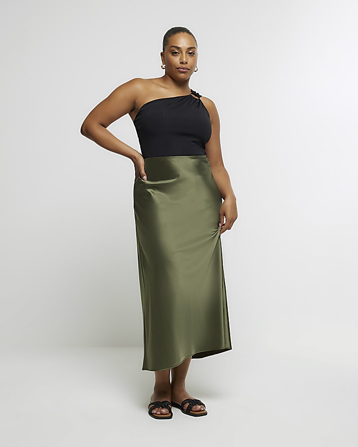 Plus Khaki satin Maxi Skirt River Island