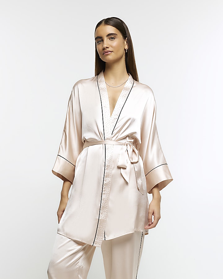 Pink satin embellished kimono robe