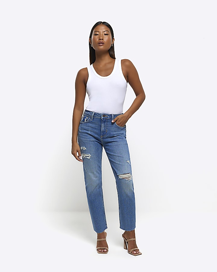 Petite blue slim straight ripped jeans River Island