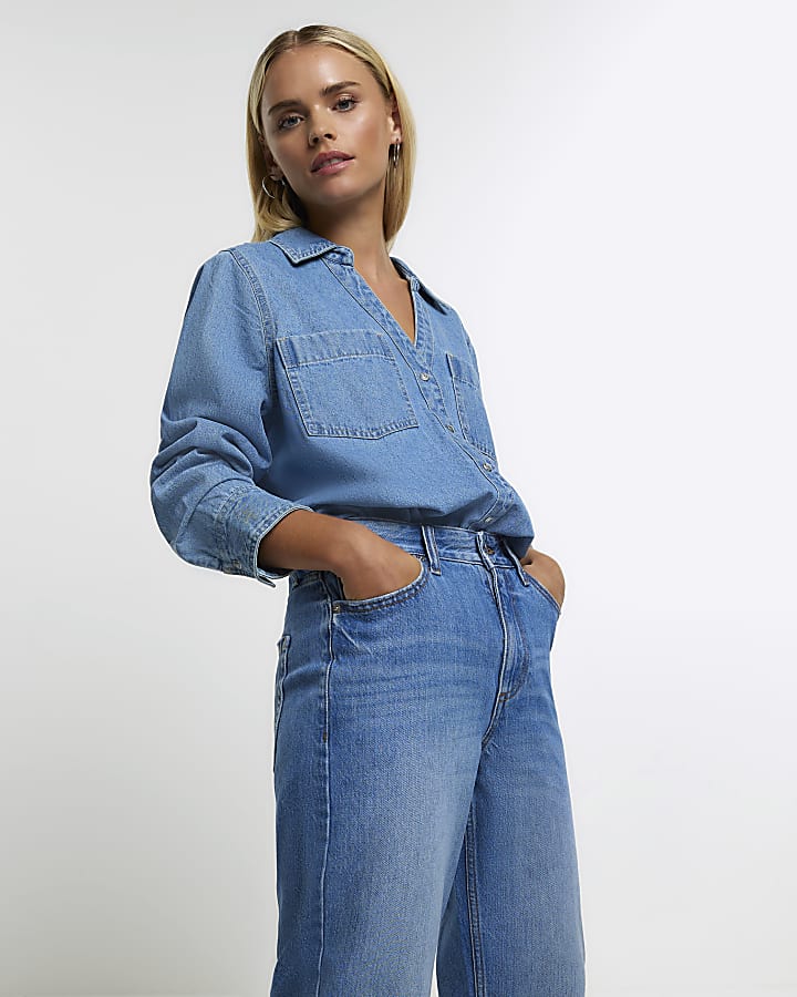 Petite blue high waisted straight leg jeans