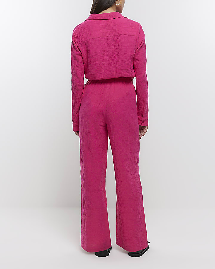 Pink textured wide leg trousers