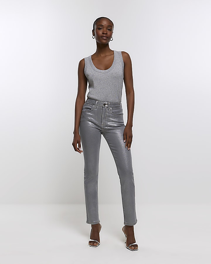 Silver straight coated jeans River Island