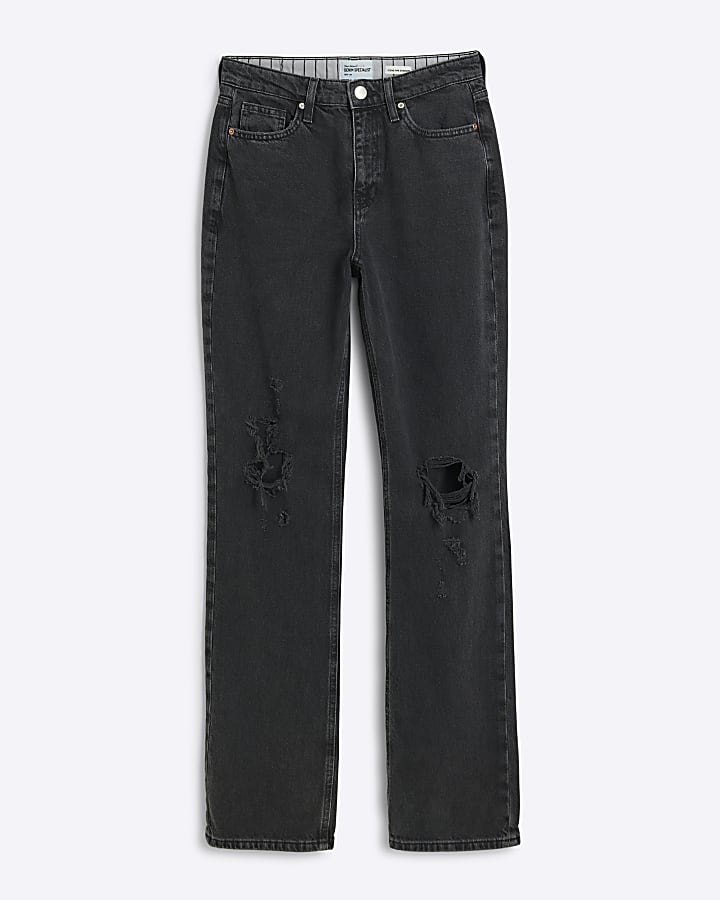 Black ripped high waist stove straight jeans