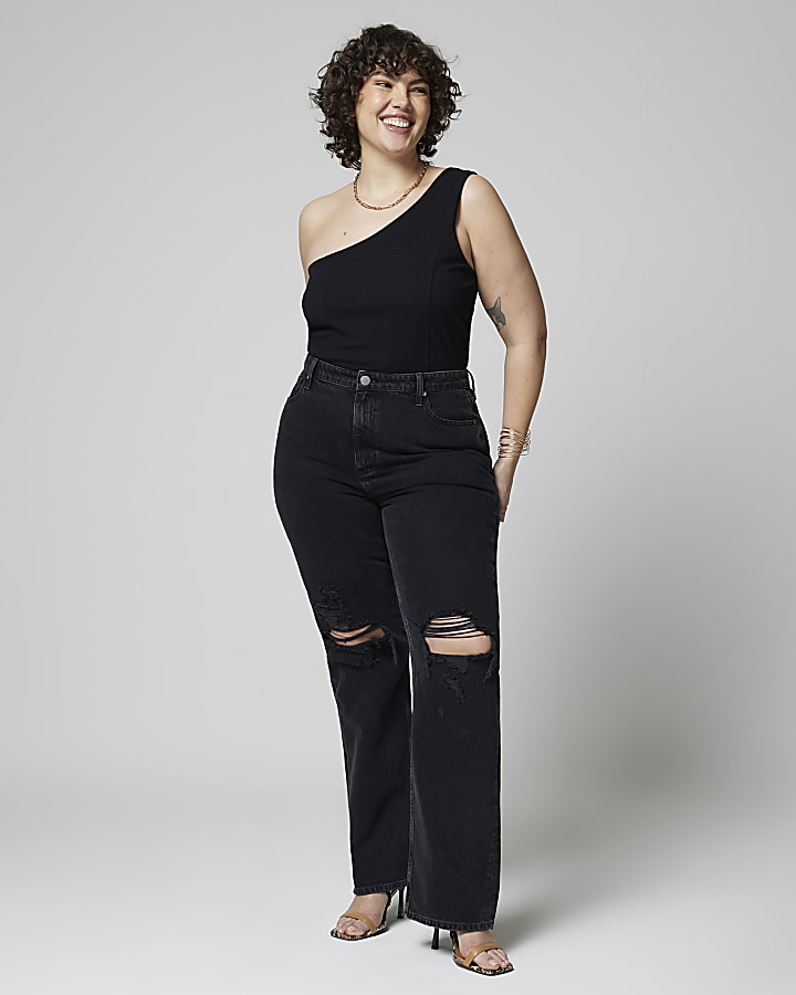 Black ripped high waist stove straight jeans