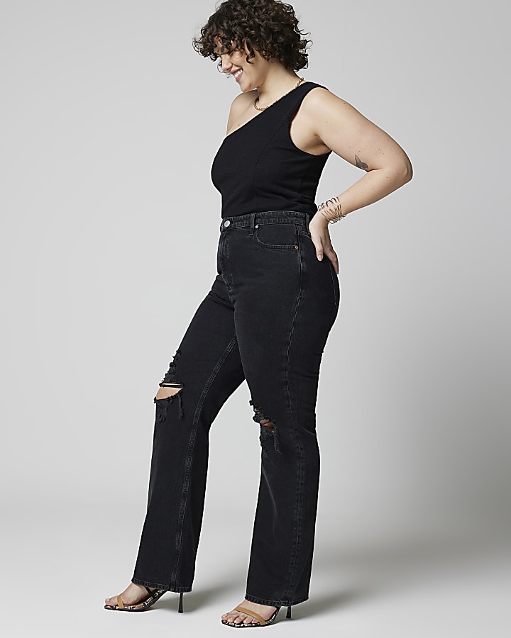Black ripped high waist stove straight jeans