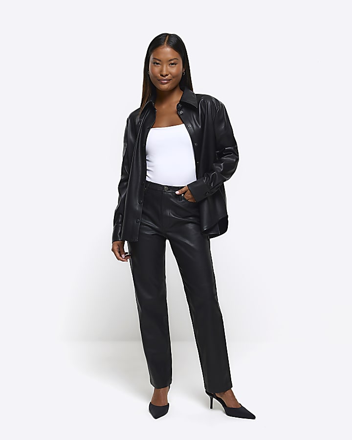 Petite black faux leather straight trousers
