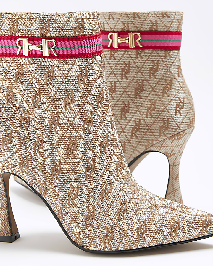 Beige wide fit RI monogram heeled boots