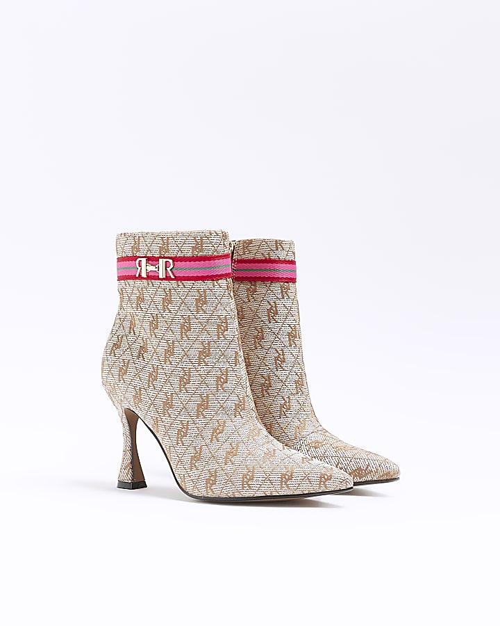 Beige wide fit RI monogram heeled boots