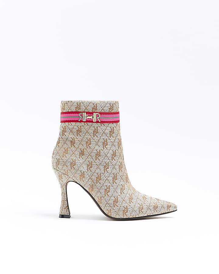 Beige wide fit RI monogram heeled boots