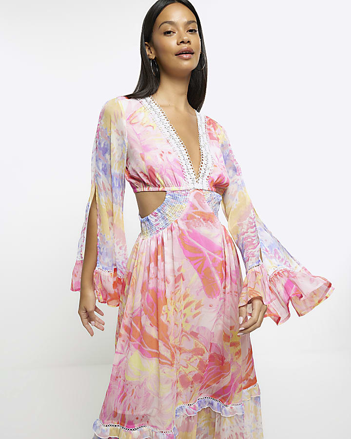 Pink chiffon abstract print beach maxi dress