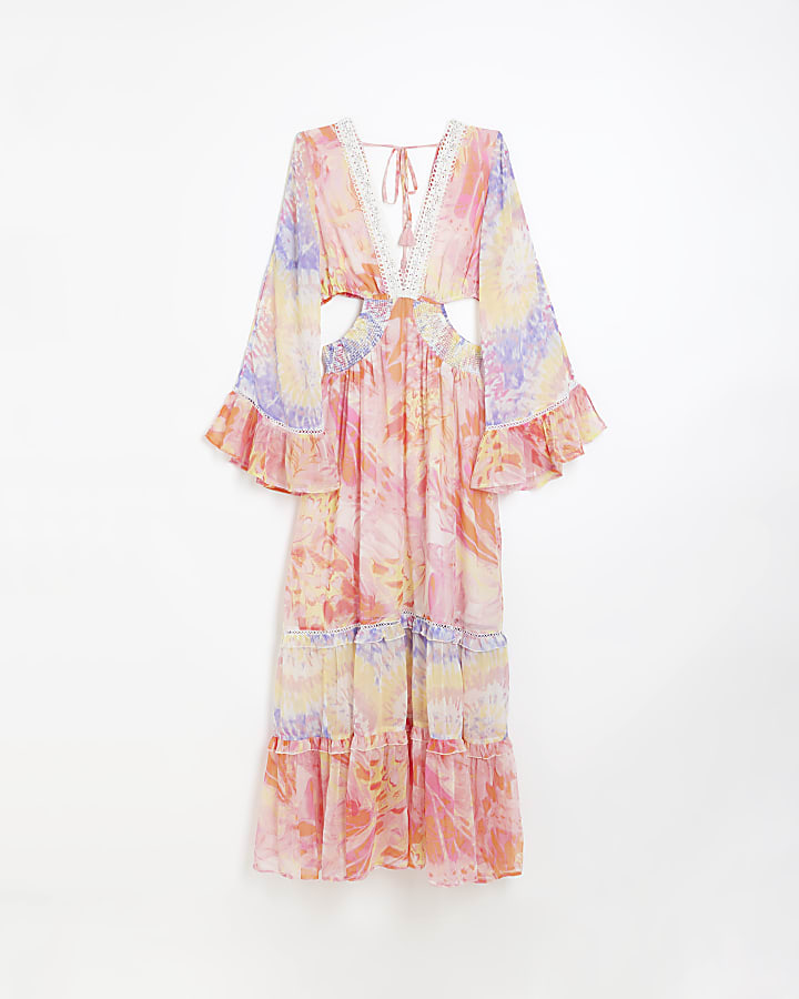 Pink chiffon abstract print beach maxi dress