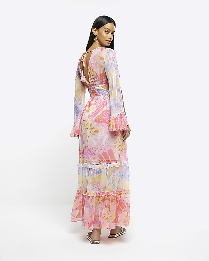 Pink chiffon abstract print beach maxi dress