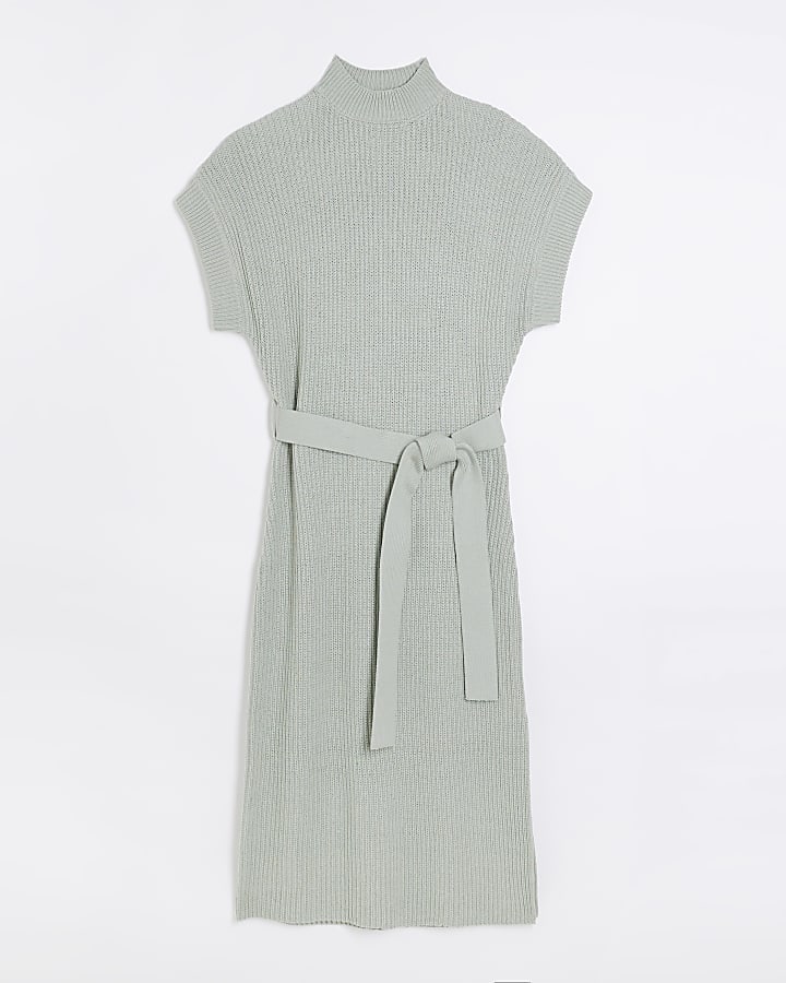 Green belted high neck jumper midi dress