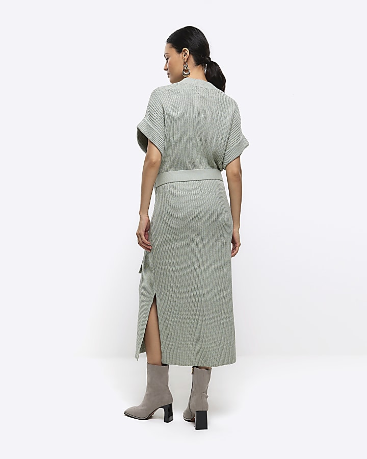 Green belted high neck jumper midi dress