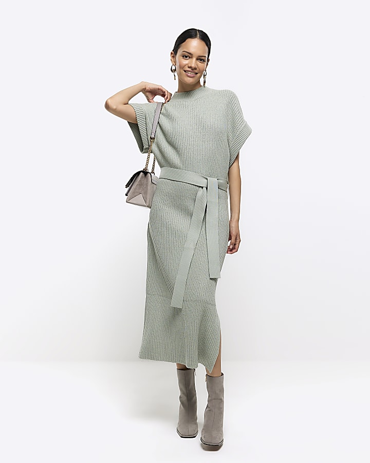 Green belted high neck jumper midi dress