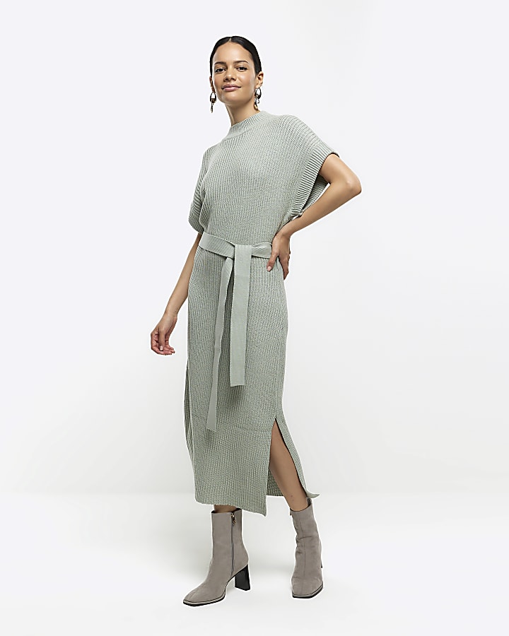 Green belted high neck jumper midi dress