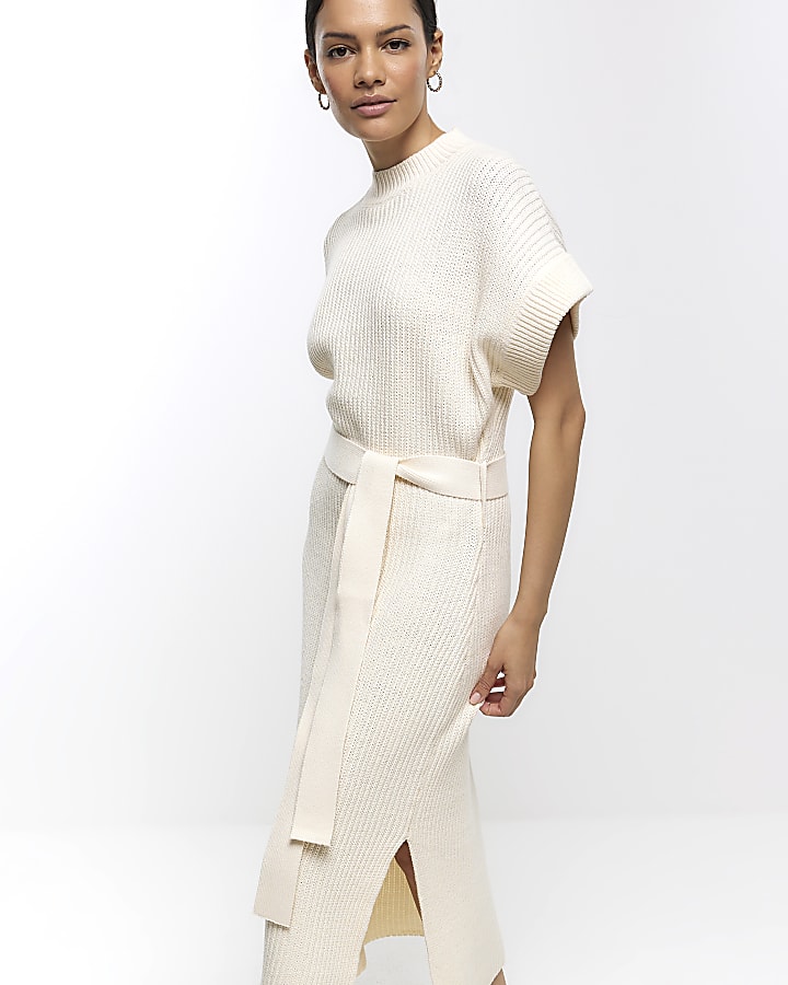 Cream belted high neck jumper midi dress