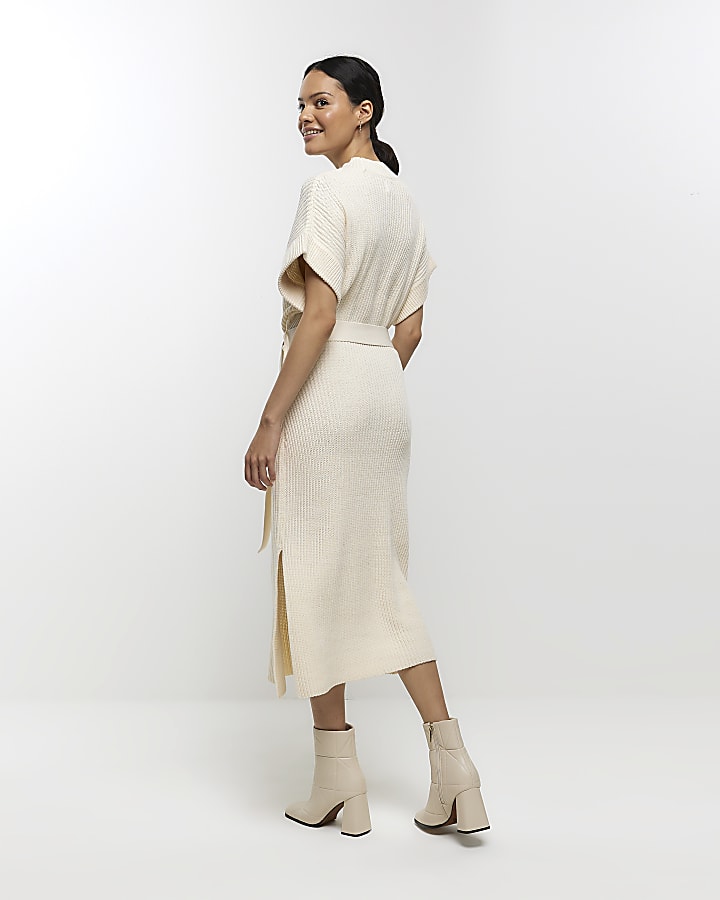 Cream belted high neck jumper midi dress