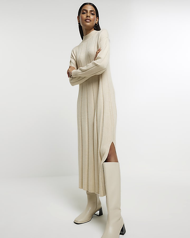 Beige high neck jumper maxi dress