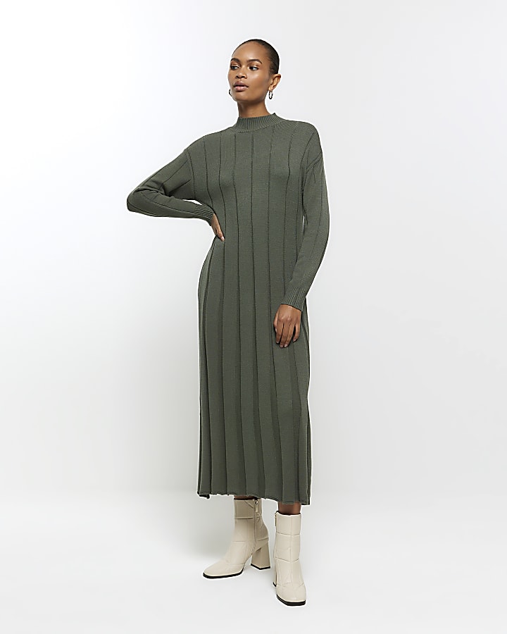 Khaki high neck jumper maxi dress