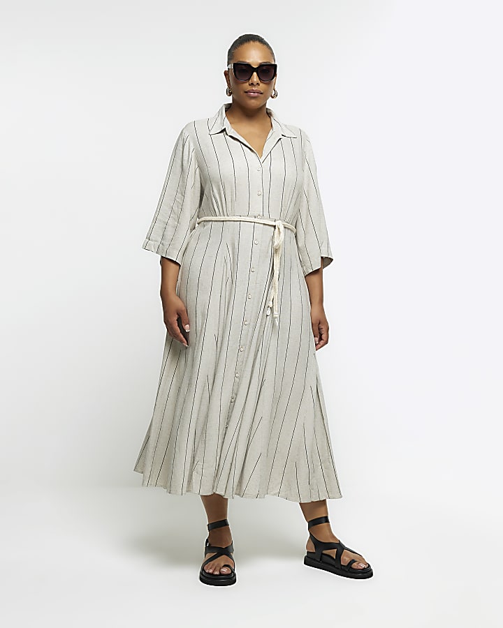 Plus beige belted midi dress with linen