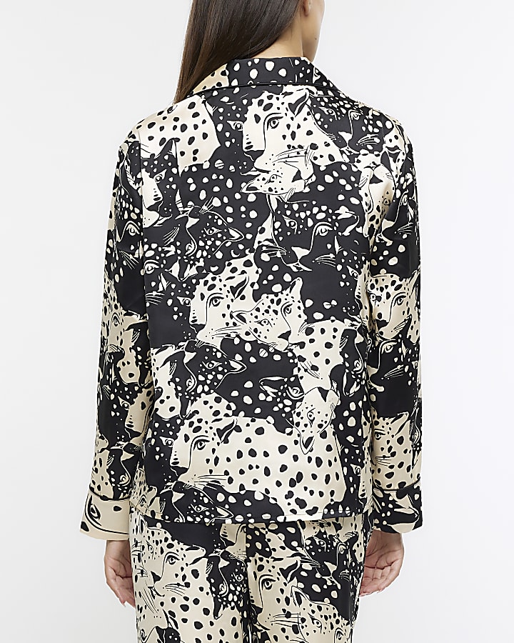 Black satin animal print pyjama shirt