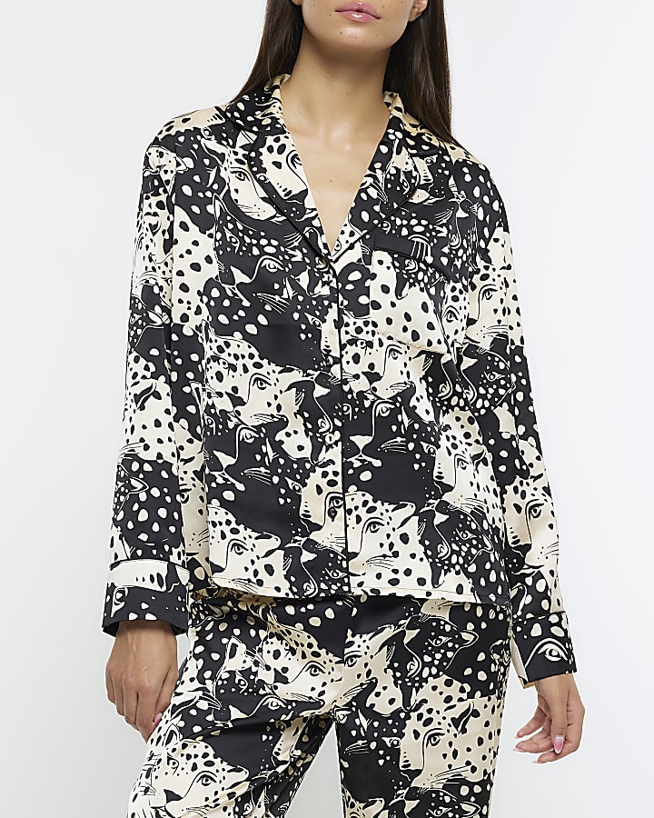 Black satin animal print pyjama shirt